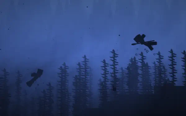 Underwater Minecraft scene with detailed shaders showing silhouettes of fish and tall aquatic plants in deep blue tones, designed as an HD PC desktop wallpaper.