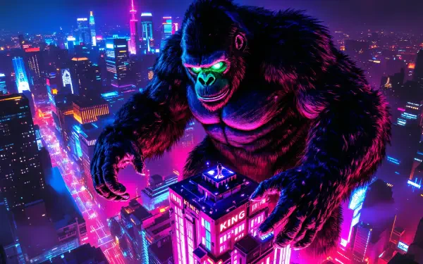 A dynamic 4K Ultra HD desktop wallpaper featuring King Kong towering over a vibrant, neon-lit cityscape, exuding strength and majesty against a colorful urban backdrop.