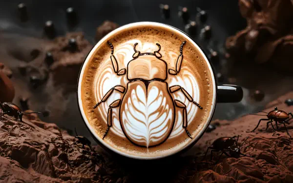 A close-up of latte art featuring a detailed beetle design atop creamy milk in a black coffee cup, set against a rich, textured background, suitable as a 4K Ultra HD desktop wallpaper.