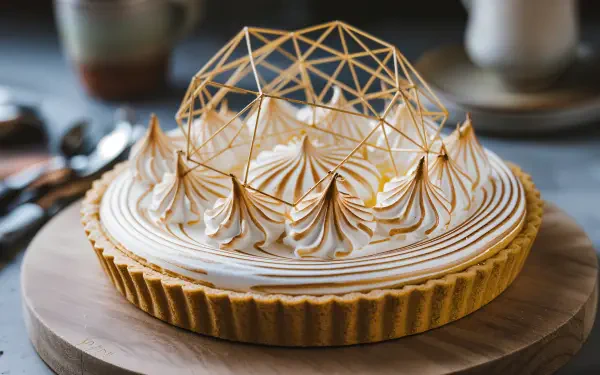 A beautifully crafted lemon meringue pie on a wooden platter, featuring intricate meringue swirls and a decorative dome. This 4K Ultra HD wallpaper showcases culinary elegance.