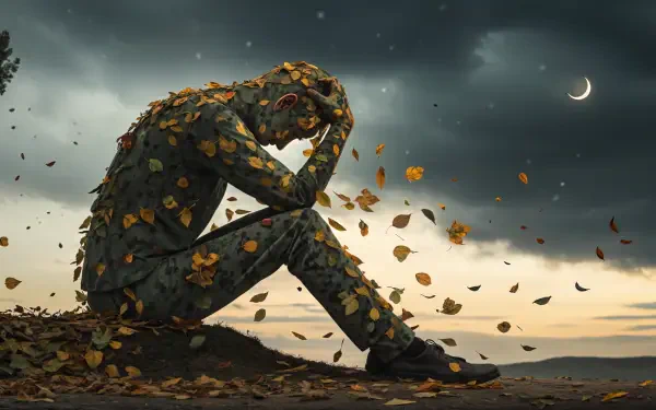 A contemplative figure made of leaves sits with its head down, surrounded by falling autumn foliage under a dramatic sky, creating an evocative atmosphere. This is a 4K Ultra HD PC desktop wallpaper.