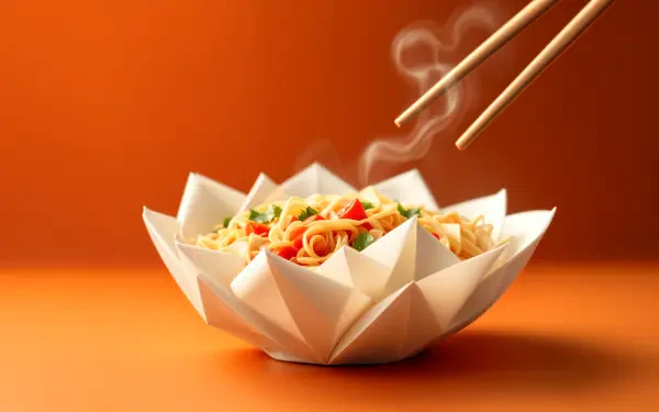 A vibrant bowl of stir-fry, filled with colorful vegetables and noodles, steam rising, rests in a uniquely folded white dish against an orange background, ideal for a 4K Ultra HD wallpaper.