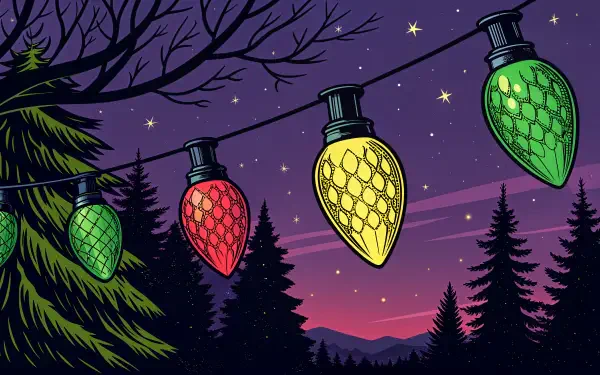 Colorful holiday lights hung between silhouetted trees against a twilight sky filled with stars. 4K Ultra HD desktop wallpaper, perfect for festive celebrations.