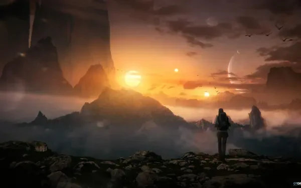 Sci Fi landscape mountain sun person HD Desktop Wallpaper | Background Image
