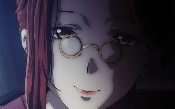 A close-up of Soujiro the Willow-Sword from the anime Ishura, featuring a character with red hair and round glasses, bathed in soft light and shadow, creating a captivating atmosphere.