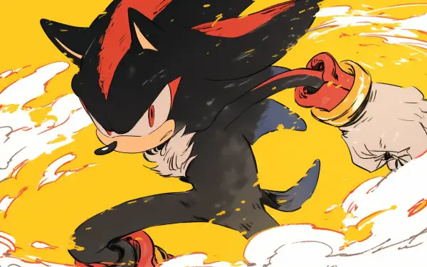 A dynamic HD wallpaper featuring Shadow the Hedgehog from the video game series, showcasing his fierce expression and action pose against a vibrant yellow background.