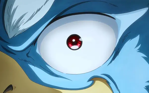 Close-up of an intense anime character's eye from Shangri-la Frontier, featuring striking red and blue colors, set against a vibrant 4K Ultra HD background.