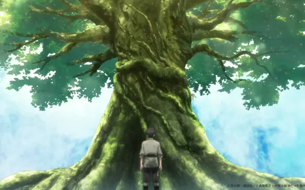 A character stands before a massive, ancient tree, embodying themes of growth and discovery from the anime Even Given the Worthless Appraiser Class, I'm Actually the Strongest.