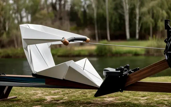 4K Ultra HD desktop wallpaper showing a modern rowing machine designed like a sleek paper boat by a lake with a blurred forest background.