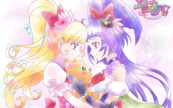 Anime-inspired HD wallpaper from Witchy PreCure! Mirai Days, featuring two magical girls embracing with a soft, colorful background and a teddy bear in between them.