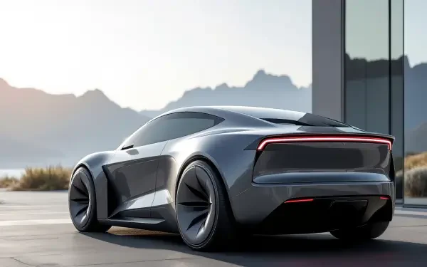 HD desktop wallpaper featuring a sleek silver Tesla Model Y Juniper parked near a modern glass building with a mountainous backdrop.