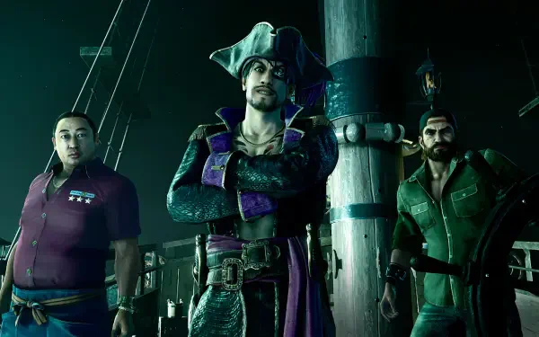 HD wallpaper featuring characters from the video game Like a Dragon: Pirate Yakuza in a Hawaiian setting, showcasing a pirate and crew against a ship backdrop.
