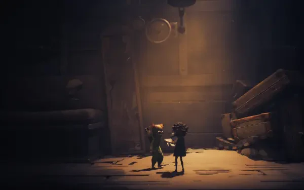 A captivating HD desktop wallpaper from Little Nightmares III, featuring two characters in a dimly lit, mysterious environment, surrounded by scattered debris and soft, dramatic lighting.
