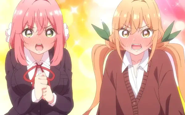 Two animated characters from The 100 Girlfriends Who Really Really Really Really Really Love You, expressing strong emotions. Bright, colorful background adds to the vibrant scene. HD wallpaper.