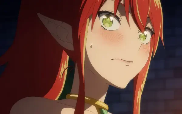 An anime character with vibrant red hair and green eyes looks intently, featuring a blush on her cheeks. This HD image serves as a striking desktop wallpaper from Headhunted to Another World.