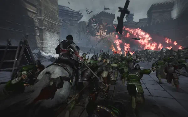 A dynamic scene from the video game Dynasty Warriors: Origins, featuring a warrior on horseback charging through a battlefield filled with soldiers and dramatic flames in the background.