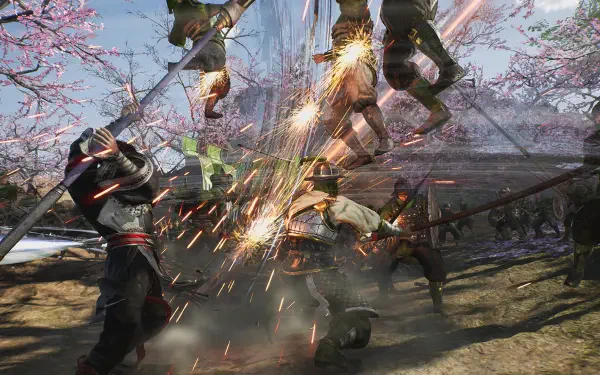 An action-packed scene from Dynasty Warriors: Origins, featuring intense combat amidst cherry blossoms, enhanced by dynamic sparks and a vivid color palette, designed for HD PC backgrounds.