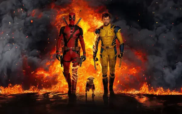 4K Ultra HD PC desktop wallpaper featuring Deadpool and another character walking confidently with a dog against a fiery, smoky background.