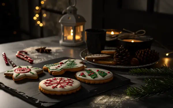 A cozy scene featuring beautifully decorated holiday cookies on a dark table, adorned with festive accents and soft candlelight, perfect as a 4K Ultra HD PC desktop wallpaper.
