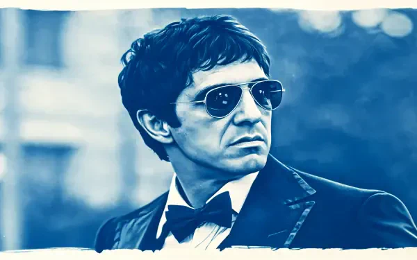 A striking 4K Ultra HD wallpaper featuring a stylish figure with sunglasses, embodying the character Scarface, set against a blurred background in a bold blue tone.