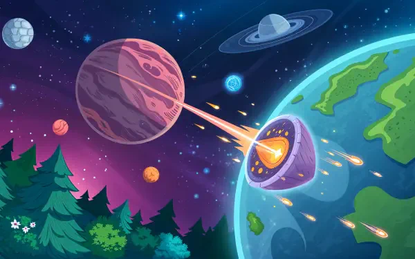 A vibrant 4K Ultra HD illustration of planetary defense, depicting an asteroid being redirected away from Earth with colorful planets and a starry sky in the background.