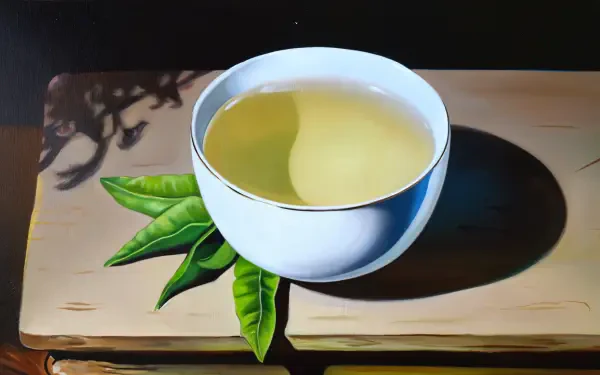A serene depiction of white tea in a white bowl, accompanied by fresh green tea leaves, set against a soft background, crafted as a 4K Ultra HD desktop wallpaper.