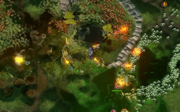 An HD desktop wallpaper from the video game IDUN - Frontline Survival, showcasing vibrant green landscapes and dynamic gameplay elements amidst glowing effects.