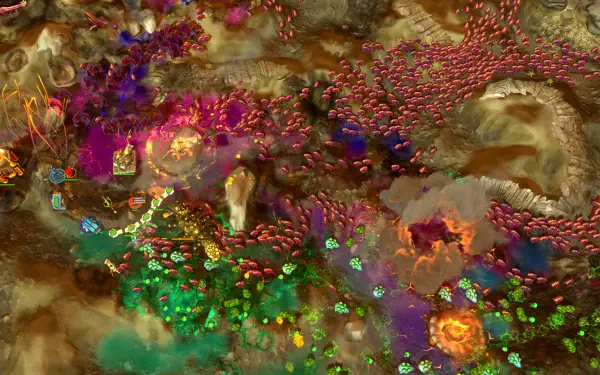 HD PC desktop wallpaper from the video game IDUN - Frontline Survival, depicting a vibrant, chaotic battlefield scene with numerous small creatures and colorful terrain.