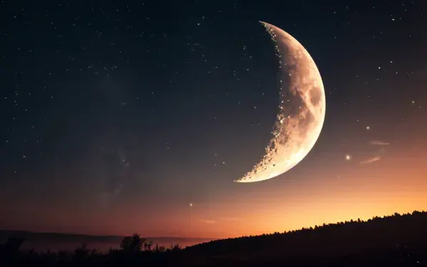 A stunning 4K Ultra HD image of a new moon illuminating the night sky, set against a backdrop of stars and a serene landscape.