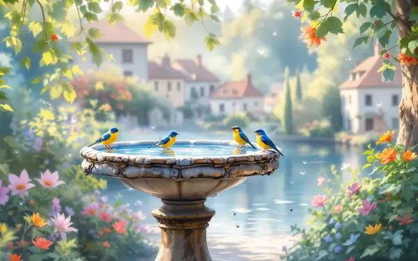 A serene bird bath surrounded by vibrant flowers and charming houses, captured in stunning 4K Ultra HD, perfect for a calming desktop wallpaper or background.