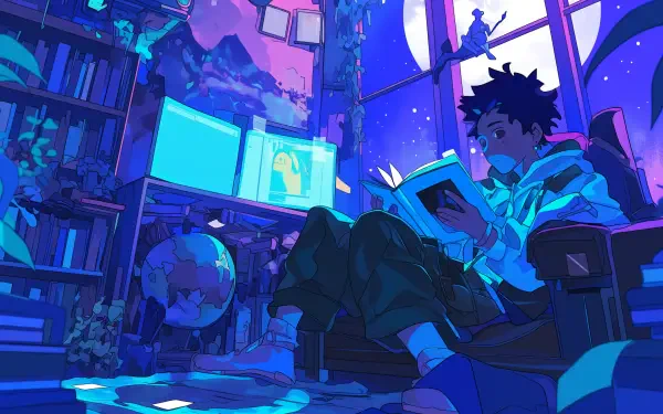 A serene anime scene featuring a character reading in a cozy room, surrounded by books and a globe, all bathed in calming blue tones, perfect as a HD PC desktop wallpaper.