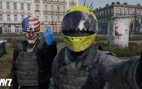 Two characters from the video game DayZ stand in front of an urban backdrop, showcasing unique masks and tactical gear, captured in a vibrant 4K Ultra HD format.