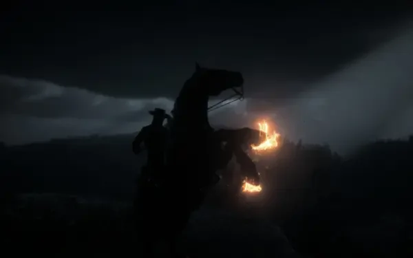 HD PC desktop wallpaper from Red Dead Redemption 2 showing a silhouetted rider on a rearing horse against a dark, stormy sky with glowing lights in the background.