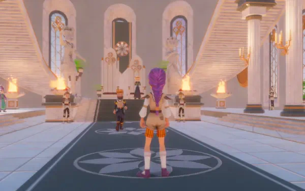 A vibrant scene from Magic Inn, featuring a character with purple hair standing in a grand hall adorned with statues and candles, offering an enchanting HD PC desktop wallpaper experience.