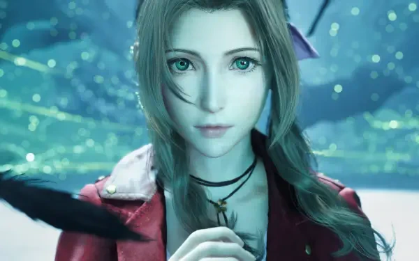 Aerith Gainsborough from Final Fantasy VII Rebirth gazes thoughtfully in this stunning 4K Ultra HD wallpaper, set against a vibrant, magical background.