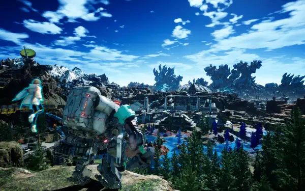 A vibrant HD wallpaper from the video game SYNDUALITY Echo of Ada, featuring a character in a mech suit overlooking a stunning, scenic landscape with a serene blue sky.