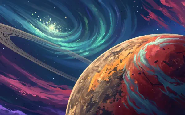 A vibrant sci-fi planet with swirling clouds and rings, set against a cosmic backdrop filled with stars and colorful nebulae. A stunning 4K Ultra HD wallpaper for desktops.