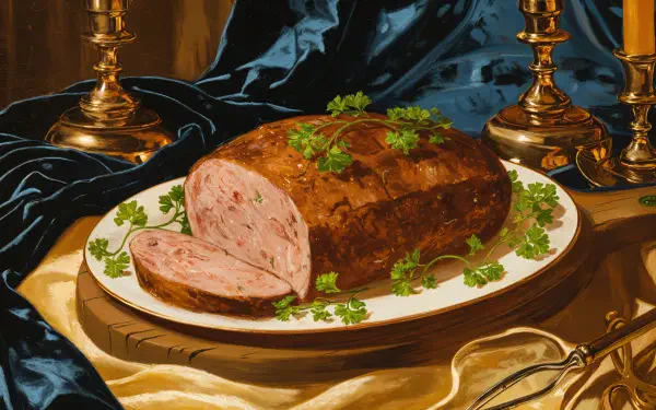 A beautifully presented meatloaf on a decorative plate, garnished with parsley, set against a luxurious blue fabric backdrop. This rich imagery serves as a stunning 4K Ultra HD desktop wallpaper.