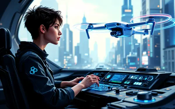A drone operator controls a drone from a futuristic console, set against a vibrant city skyline, in this visually striking 4K Ultra HD desktop wallpaper.