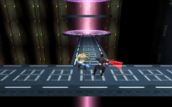 Action-packed scene from Star Wars Episode I: Jedi Power Battles featuring lightsaber combat on a futuristic platform, set against a striking HD backdrop.