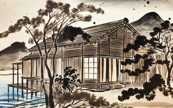 A serene 4K Ultra HD wallpaper depicting a traditional wooden house on stilts surrounded by trees and mountains, showcasing an elegant blend of nature and architecture.