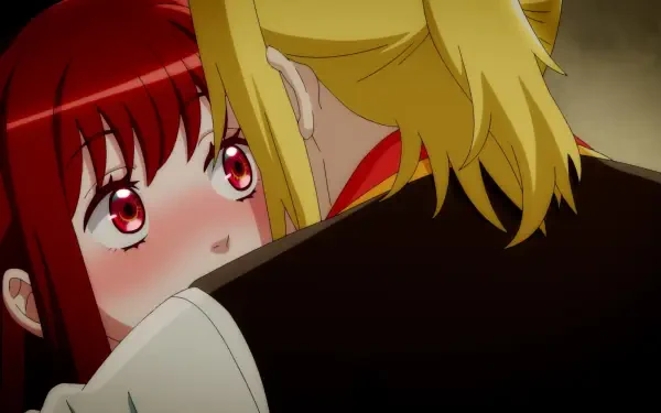 Anime-inspired HD wallpaper featuring characters from I Want to Escape from Princess Lessons, showcasing a close moment between two figures with vibrant red and blonde hair.
