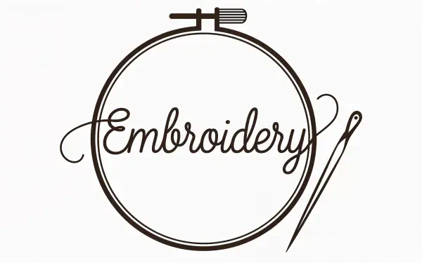 A stylish 4K Ultra HD desktop wallpaper featuring the word Embroidery elegantly displayed within a circular embroidery hoop and accompanied by a needle.