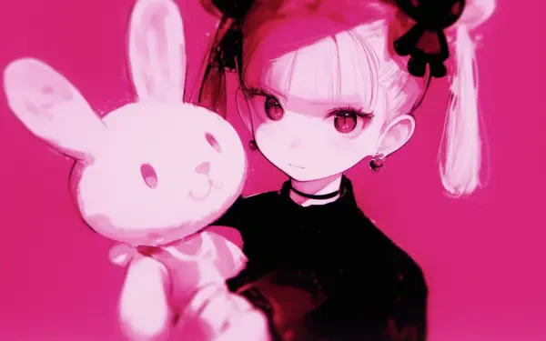 A pink anime wallpaper featuring My Melody from Onegai My Melody, showcasing a character holding a white bunny plush against a vibrant pink background.