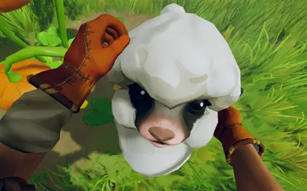 Close-up 4K Ultra HD view from the video game Aloft, showing a first-person perspective of hands petting a fluffy white animal in a vibrant green outdoor setting.