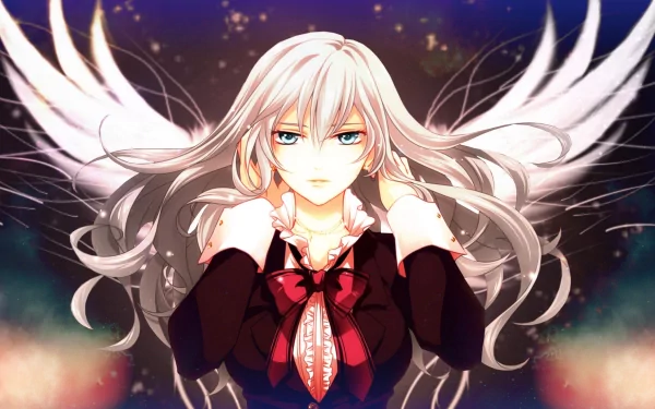 HD PC desktop wallpaper/background from the video game Valkyria Chronicles: white-haired, blue-eyed angelic character with outstretched wings, dark uniform and red ribbon bow against starry backdrop.