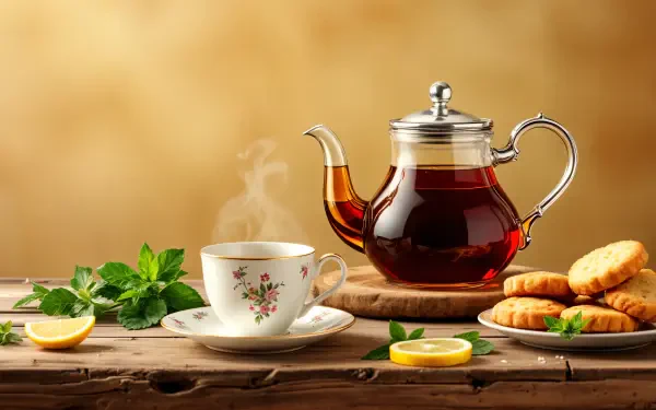 A cozy scene featuring a steaming cup of black tea, a stylish teapot, lemon slices, fresh mint, and crunchy cookies on a wooden table, set against a warm, blurred background in 4K Ultra HD.