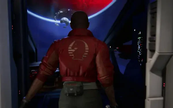 A captivating HD background from the video game Intergalactic: The Heretic Prophet, featuring a character in a red jacket gazing into deep space with a distant planet.