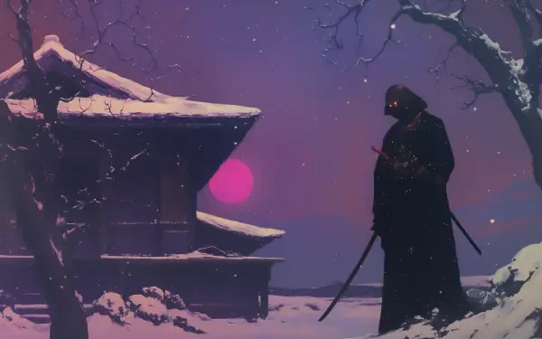A serene retro anime scene featuring a samurai in a snowy landscape, standing near a traditional Japanese house under a colorful twilight sky. Perfect as a HD wallpaper.