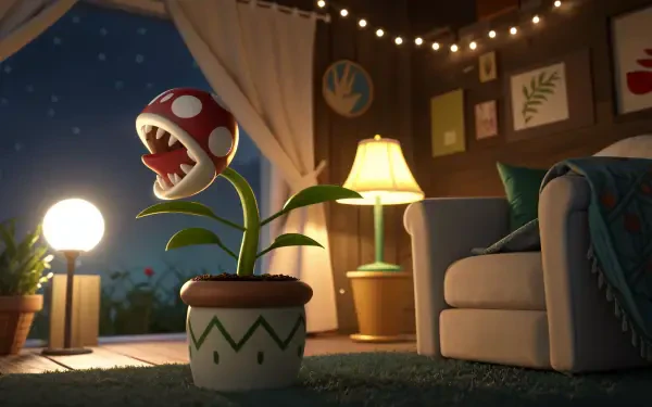 A vibrant piranha plant sits in a decorative pot in a cozy room, illuminated by warm lights and surrounded by stylish furnishings, perfect as a 4K Ultra HD PC desktop wallpaper.
